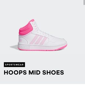adidas Kids White and Pink Mid-Top Hoops Sneakers